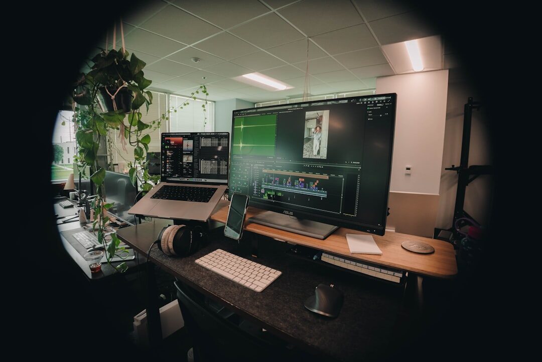 Video editing workstation with film strips and professional editing setup